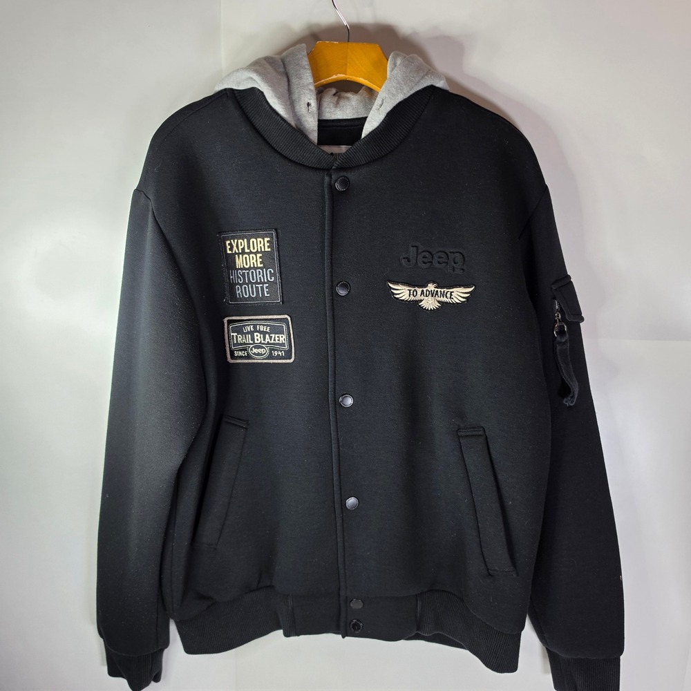 Jeep Trail Blazer Hooded Varsity Jacket Black Bomber Coat Mens Large Patches
